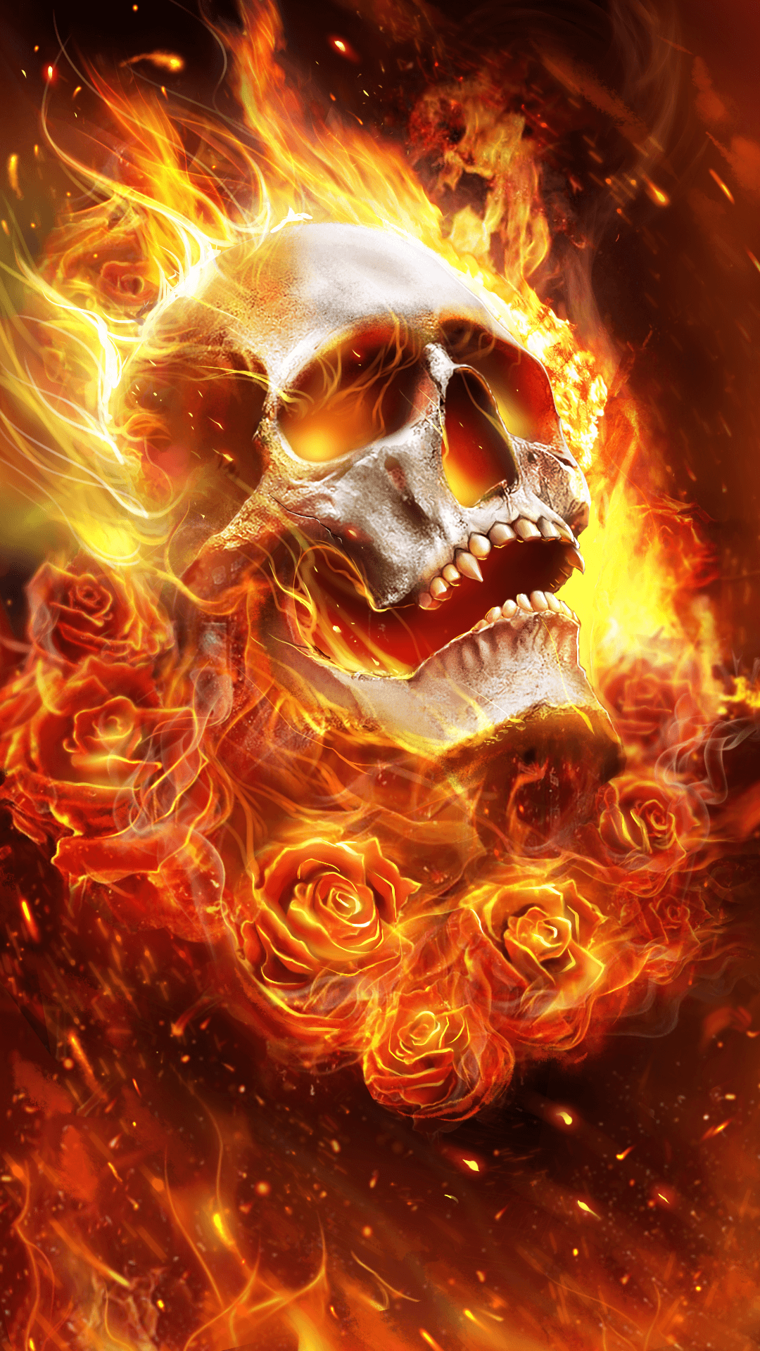 Flame skull with roses! Beautiful live wallpaper. Android live
