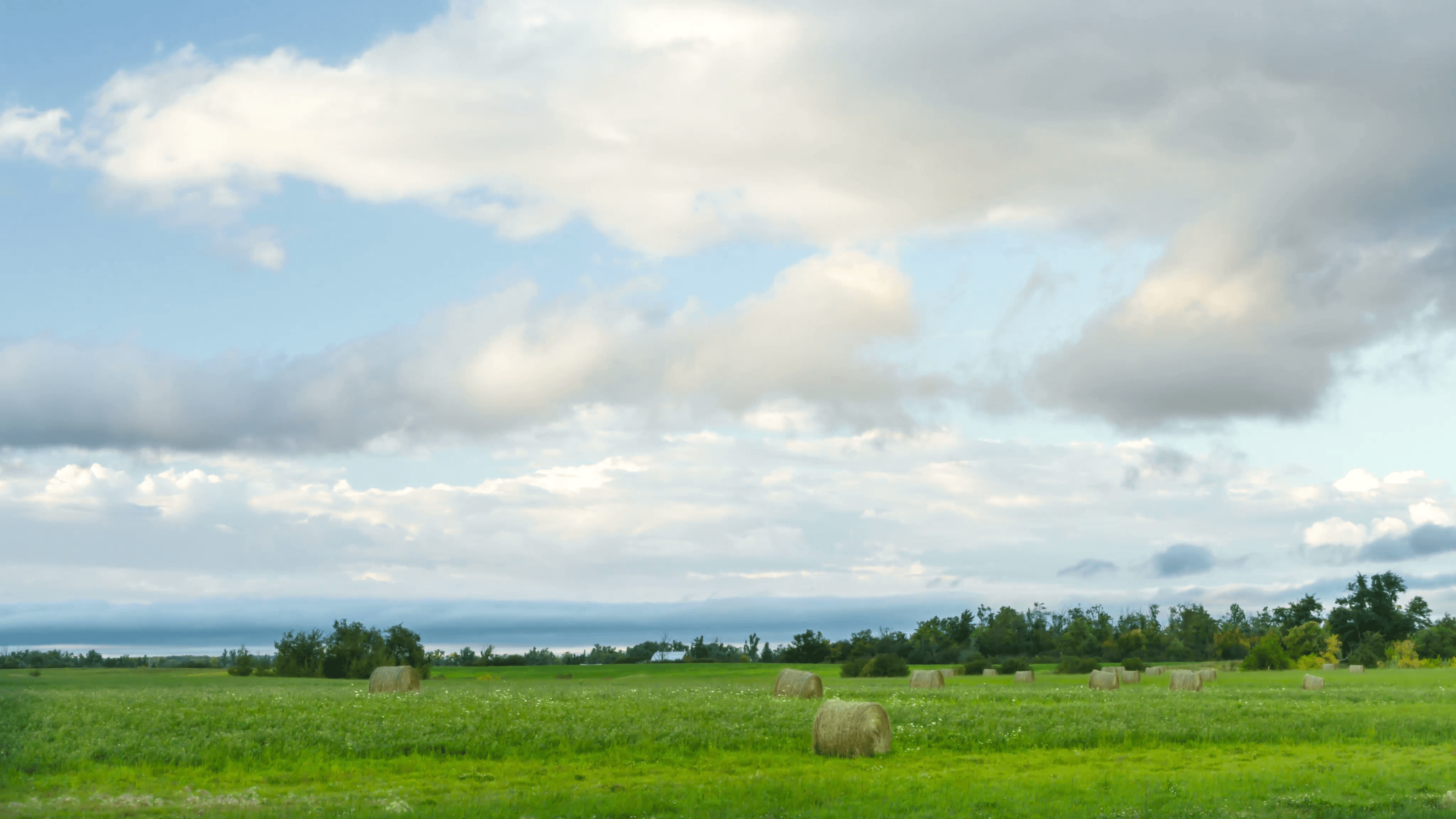 4k Timelapse of hay bales in an open field with nice blue sky in