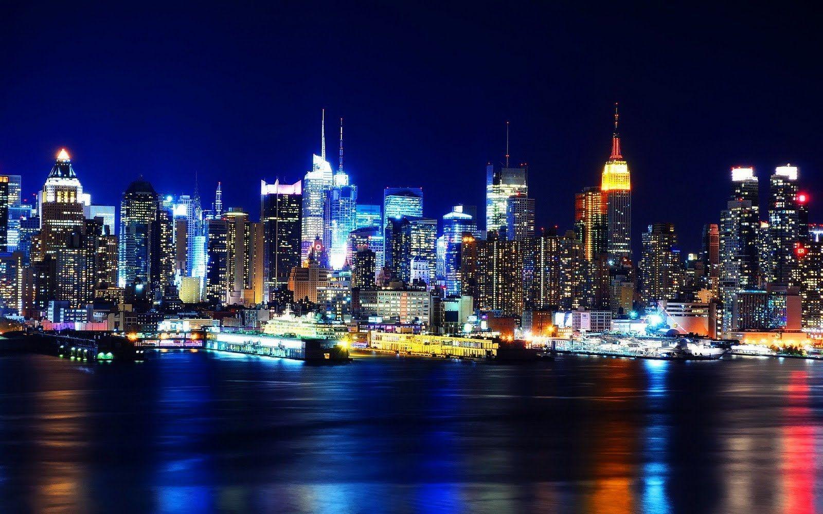 New York City skyline liberty island night. new york night