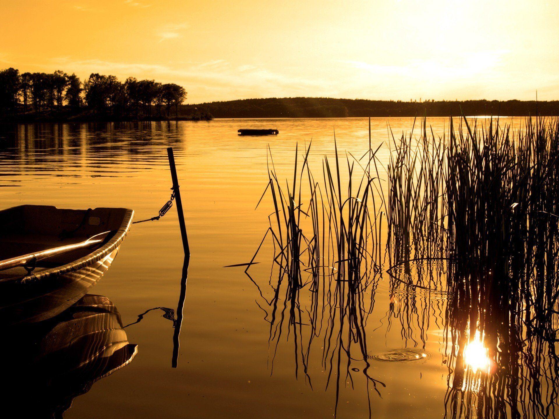 boat lake forest sunset sepia HD wallpaper