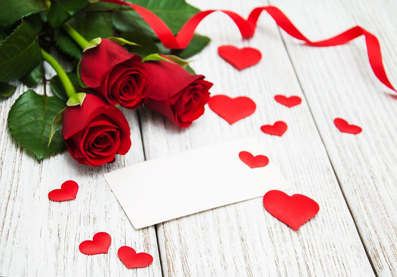 Wallpaper Heart Red Roses Flowers Ribbon Wood planks