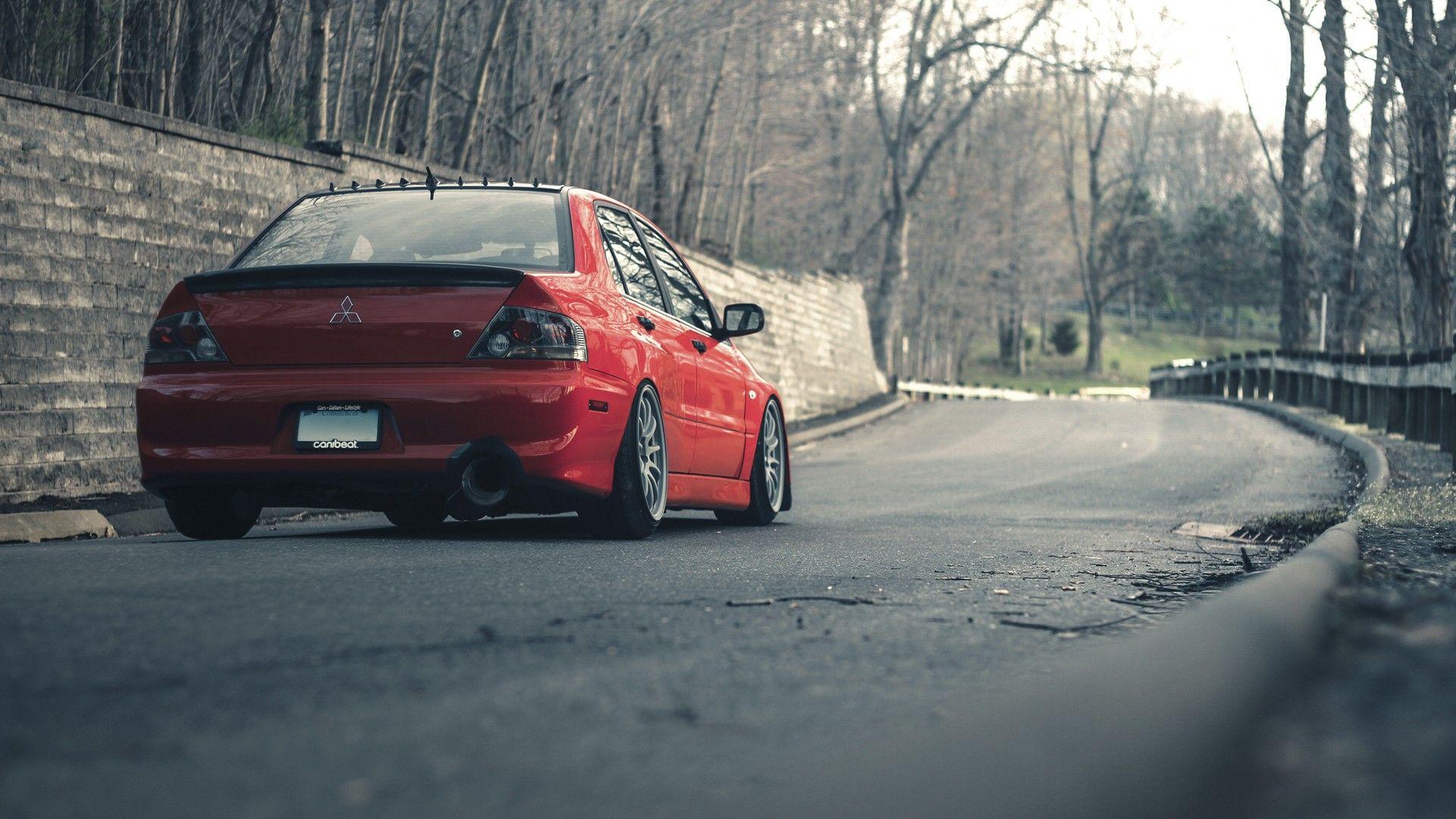 forest, cars, roads, tuning, red cars, tuned, Mitsubishi Lancer