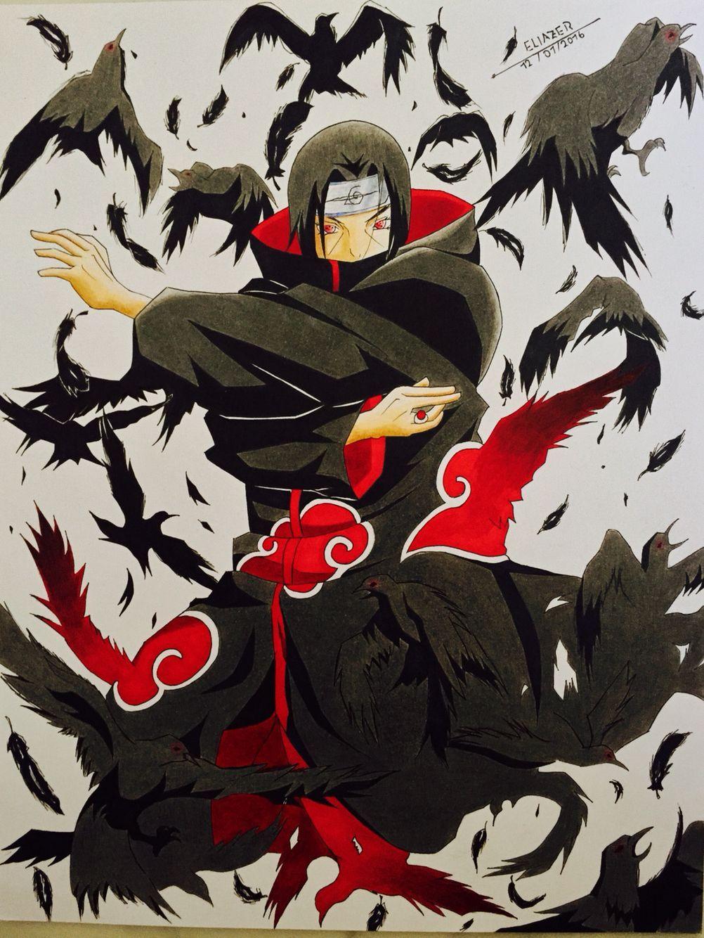 Dibujo de itachi Uchiha desvaneciéndose con sus cuervos Mas dibujos
