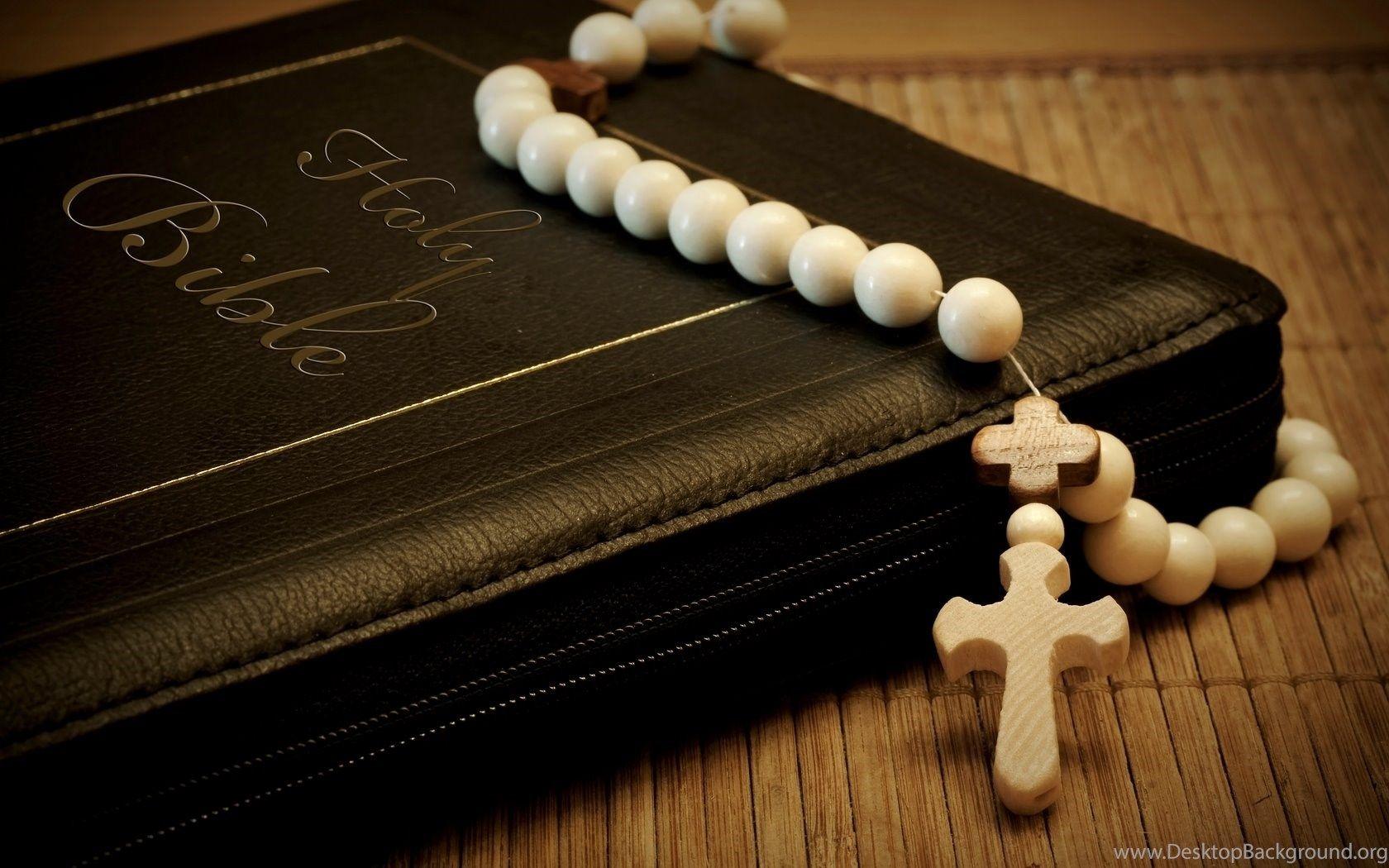 Bible Book With Cross Pendant White Rosary Beads Desktop Background