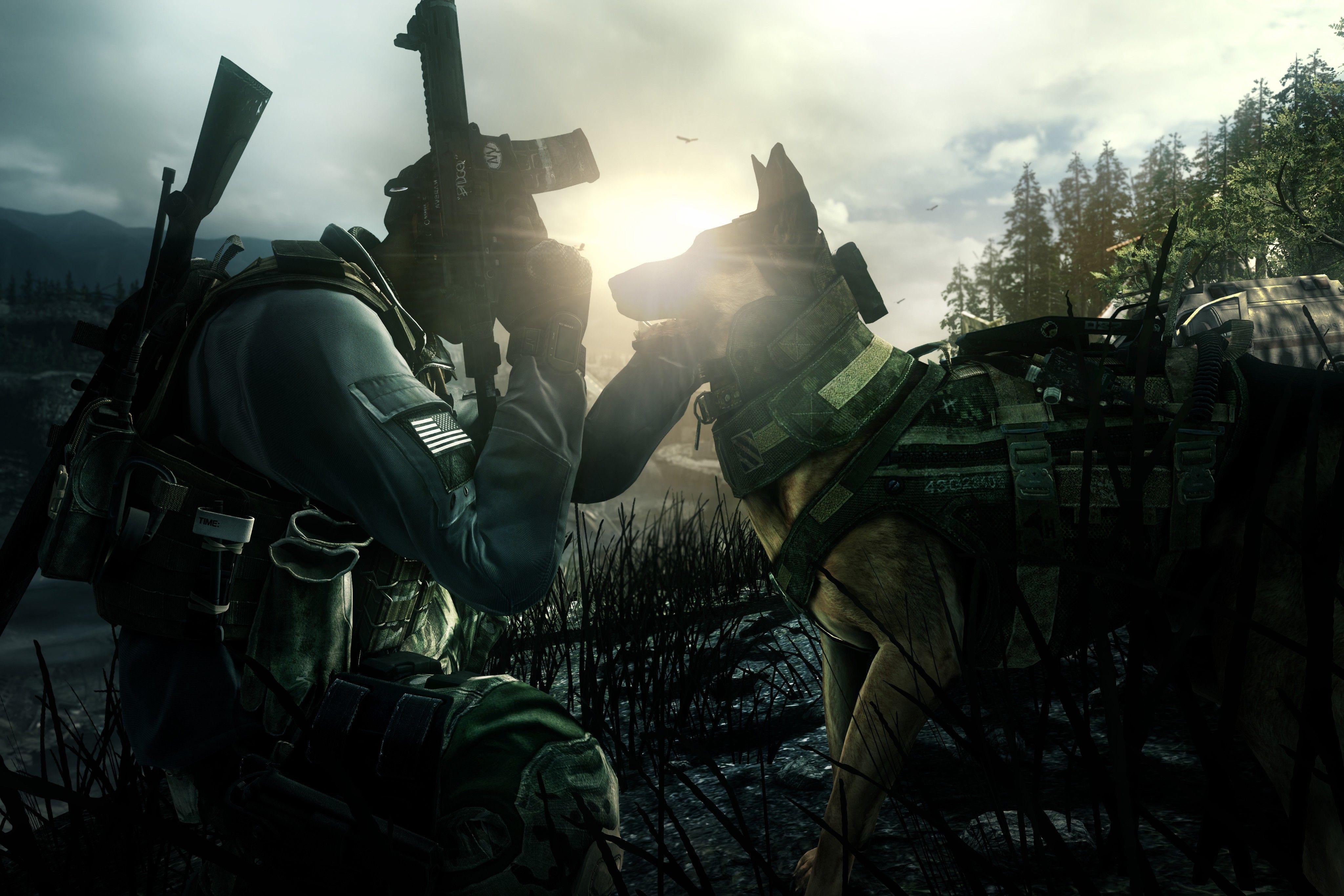 Wallpaper Call of Duty Ghosts, game, shooter, soldier, dog, rifle