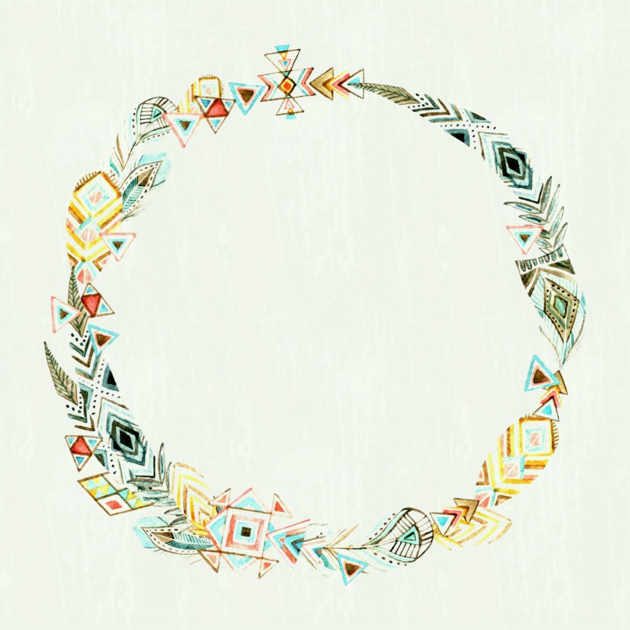 Watercolor Wreath With Geometric Feathers And Tribal Elements