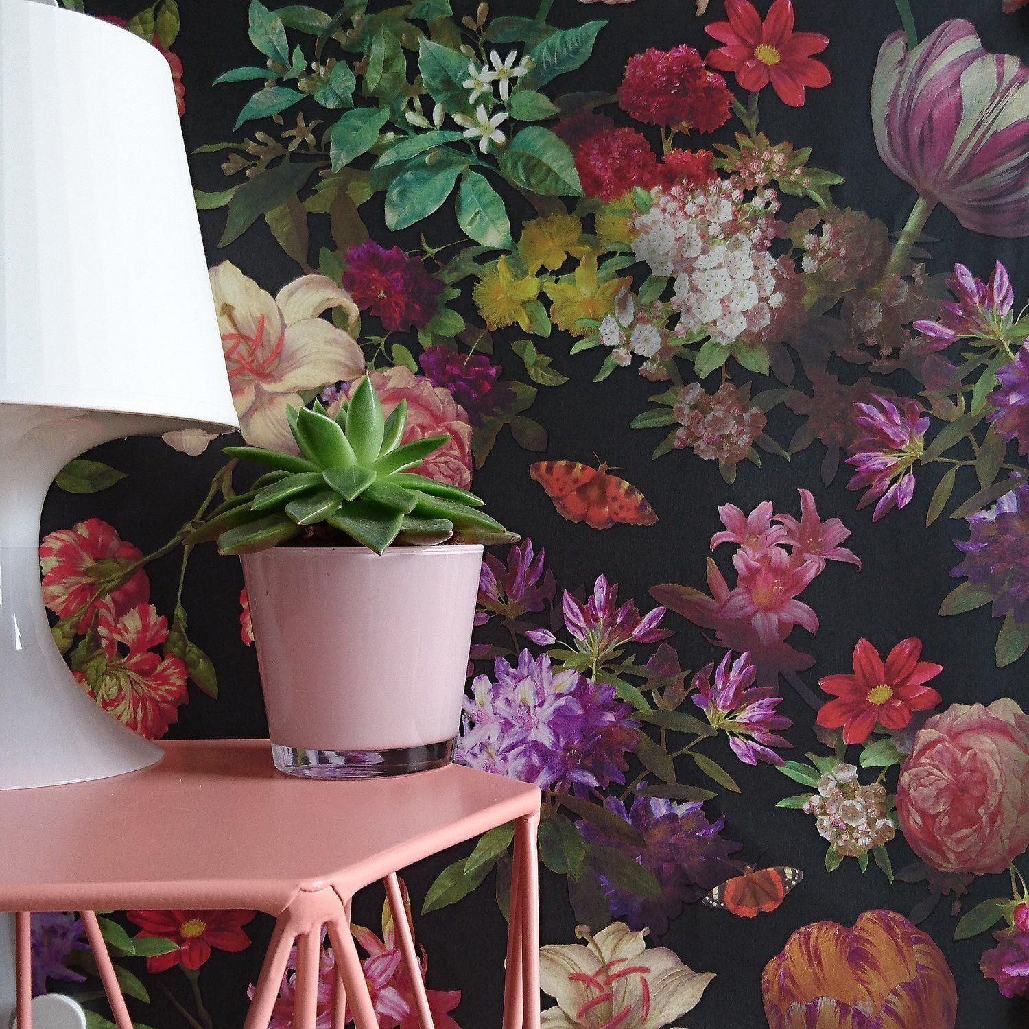 Wild Flower' Floral Wallpaper. Black, Yellow, Red & Pink