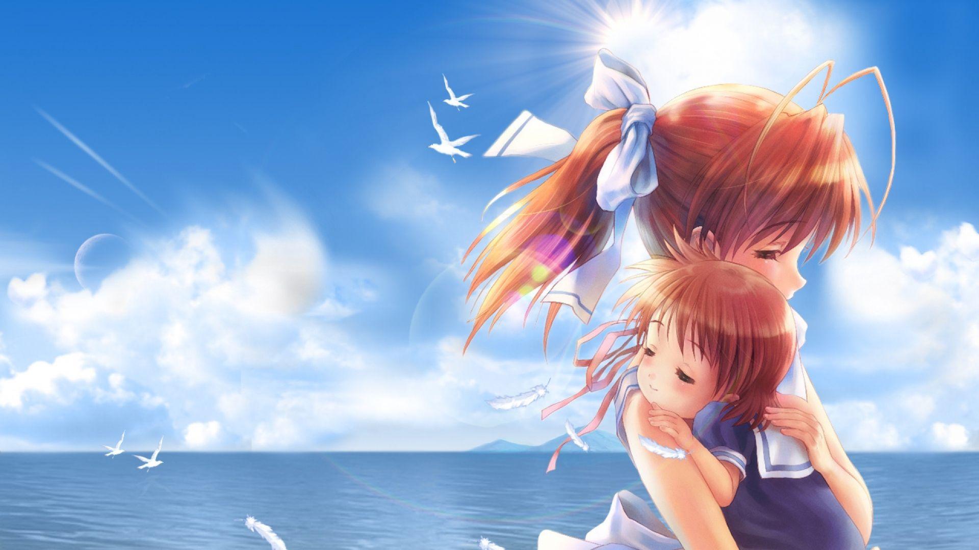Download Wallpaper 1920x1080 girl, child, hug, tears, space, sunset
