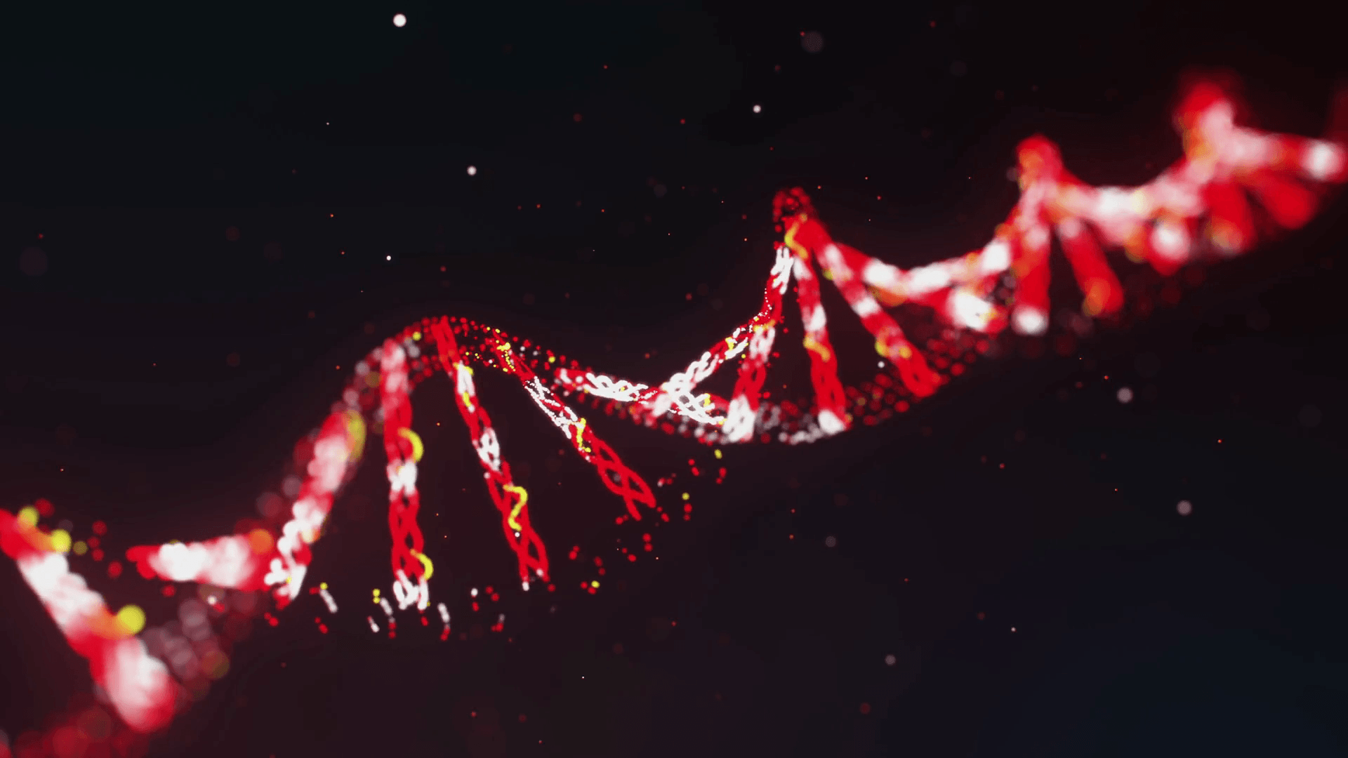 Digital animation of red DNA chain spinning against black background