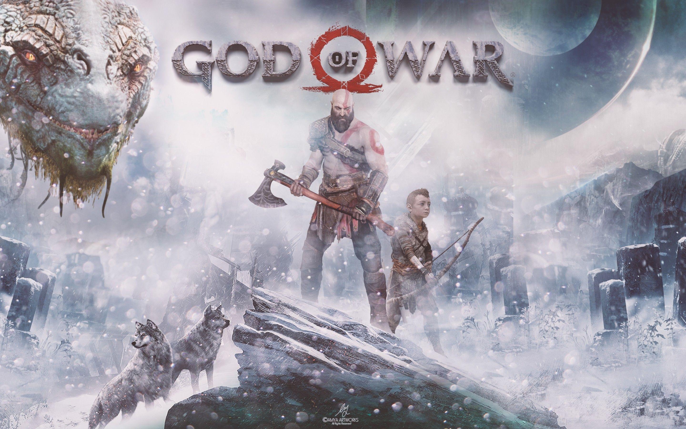 Download 2880x1800 God Of War 2018, Kratos, Snow, Creatures, Artwork