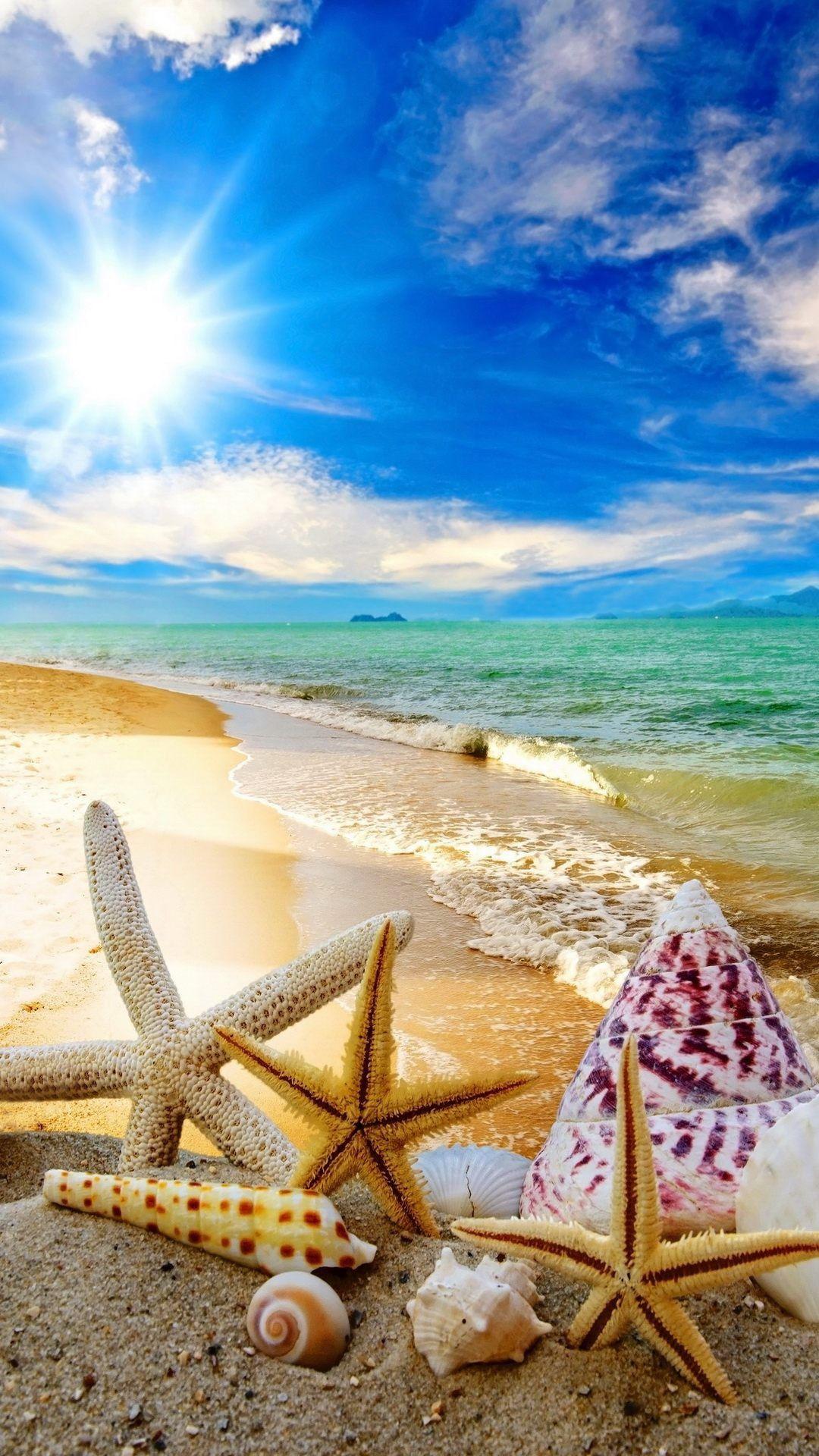 Summer Beach Sun Starfish Waves android wallpaper HD. Cool