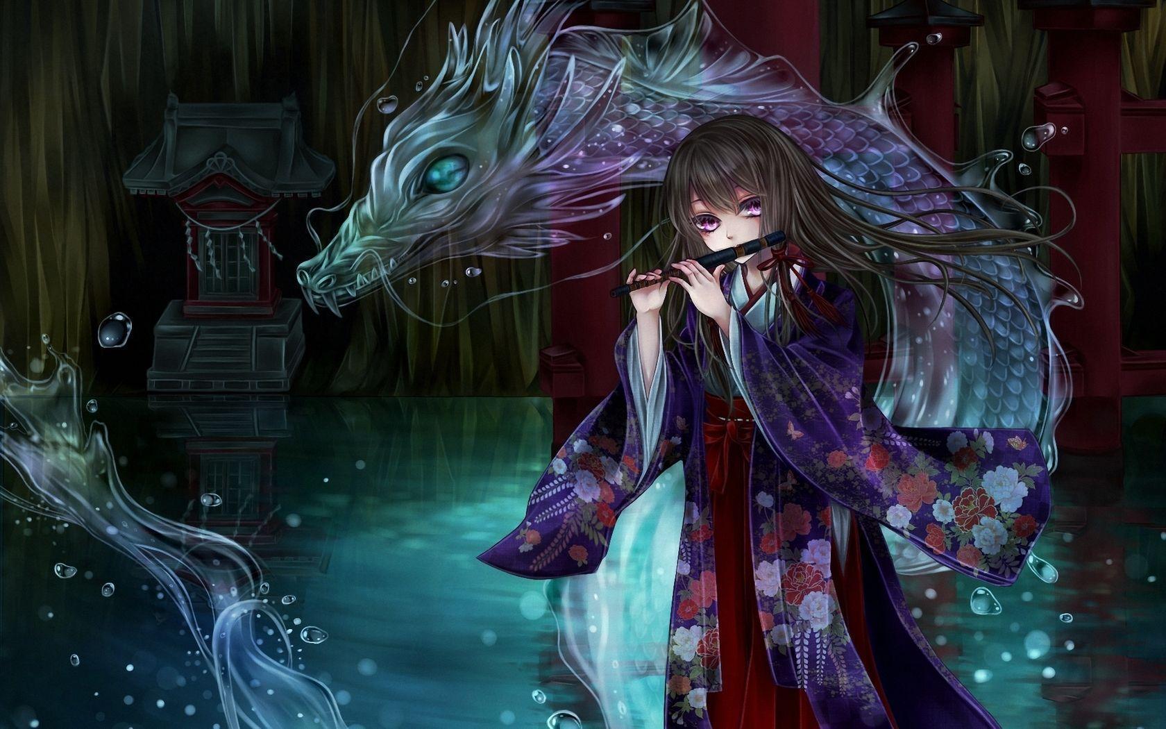 ponytail, long hair, anime, anime girls, Chinese dragon, portrait display,  dragon, creature, weapon, snow, horns, sword, glowing eyes | 2160x4596  Wallpaper - wallhaven.cc