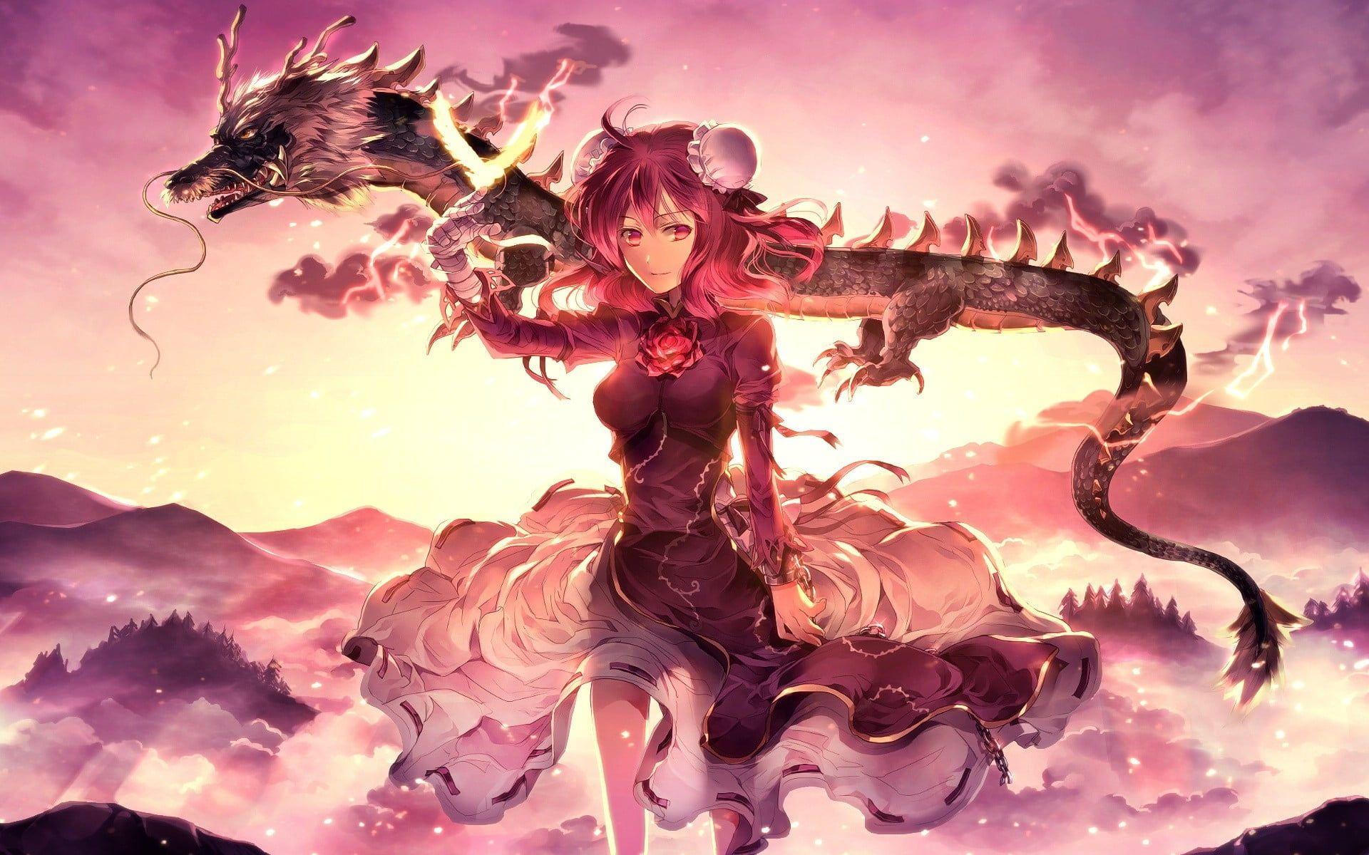 Female anime and black dragon background graphic wallpaper HD wallpaper