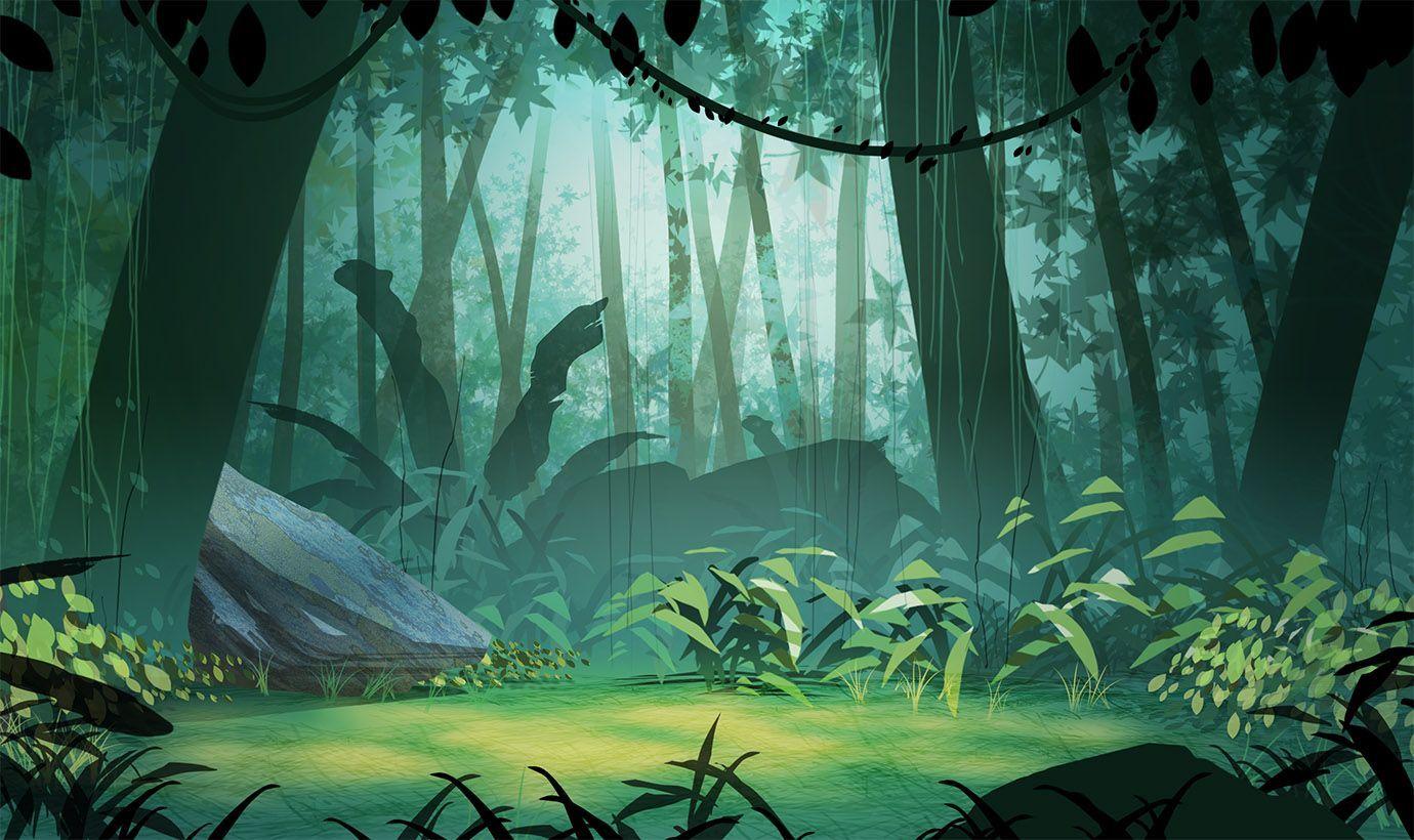 Anime environment, huge jungle, animals, simple, rough | Stable Diffusion