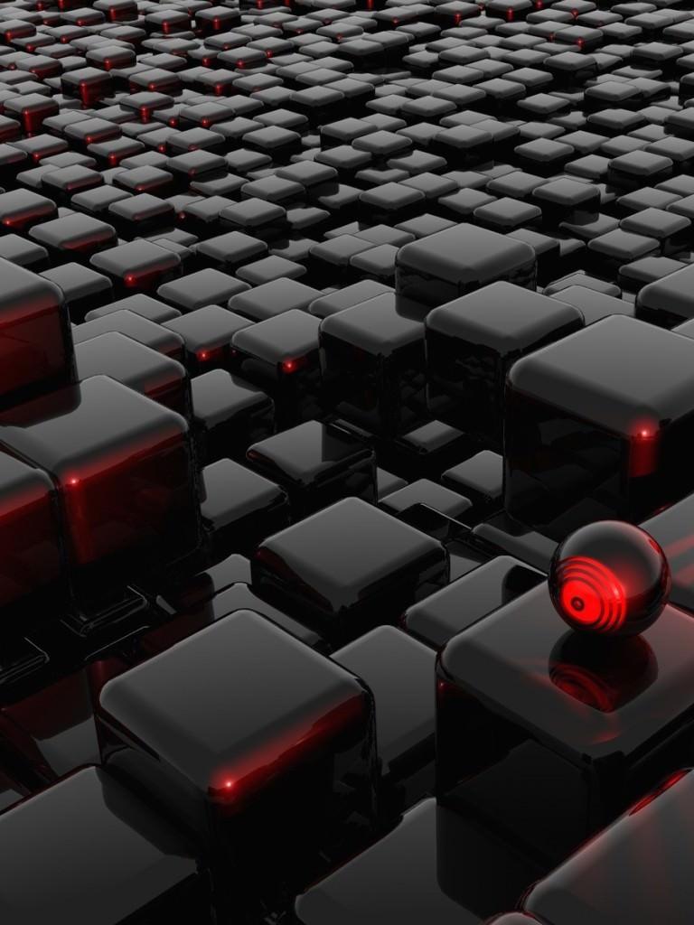 HD Black Wallpaper With Red 3D Cubes And Marbles