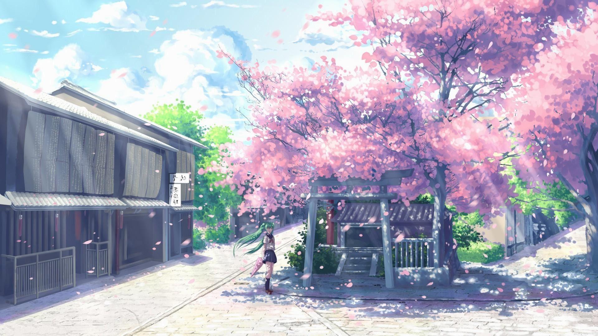 Download Enjoy the beauty of a cherry blossomfilled landscape with this  peaceful anime scenery Wallpaper  Wallpaperscom