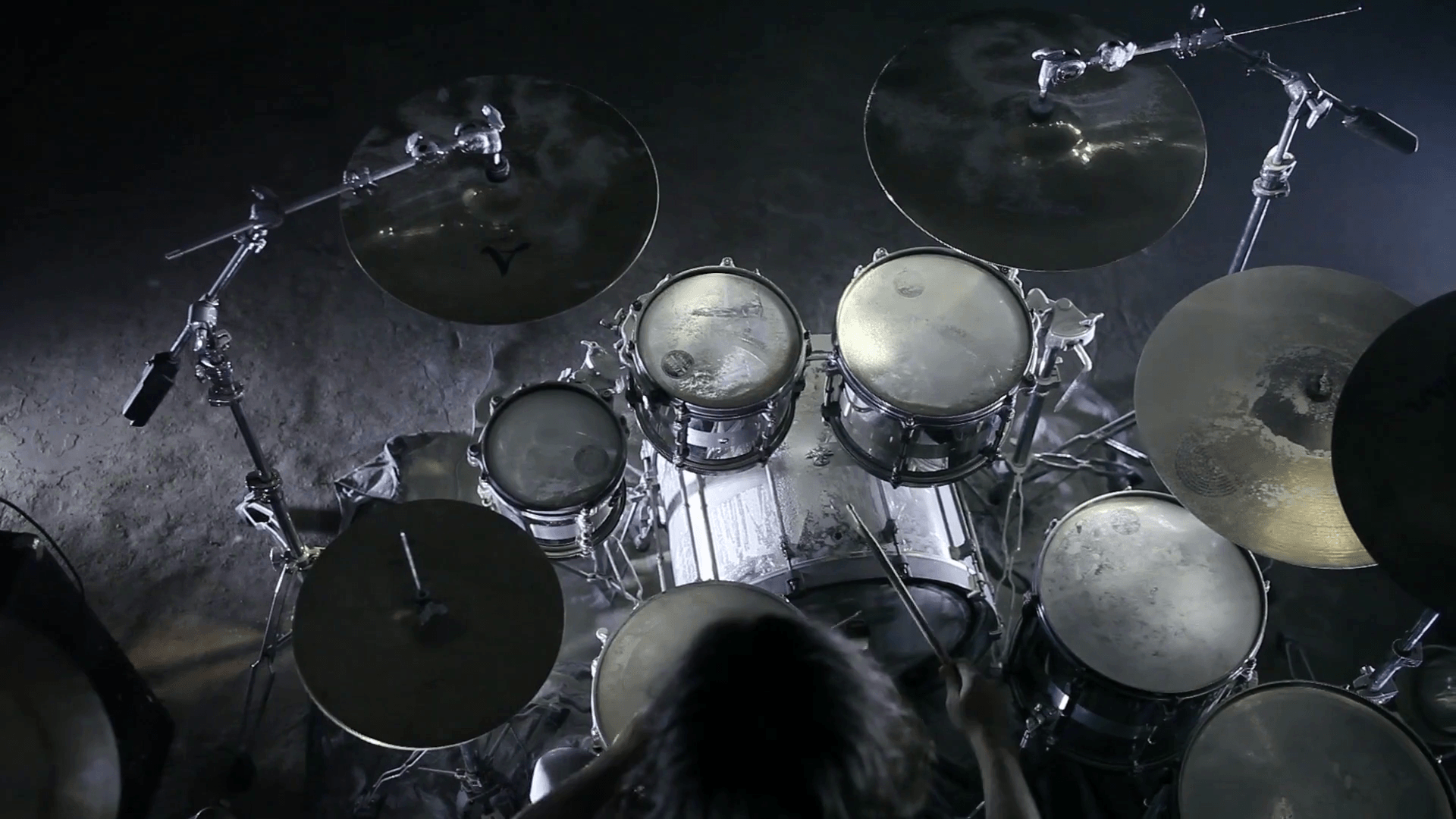 Drummer plays the drums in a dark room. Smoke background Stock Video