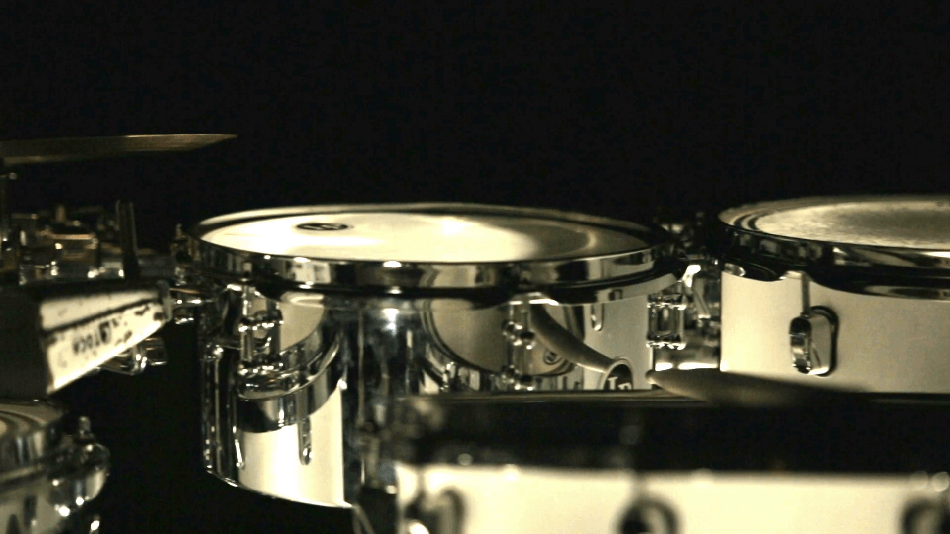 Set drums dark studio. Instruments drummer. Close up drum set