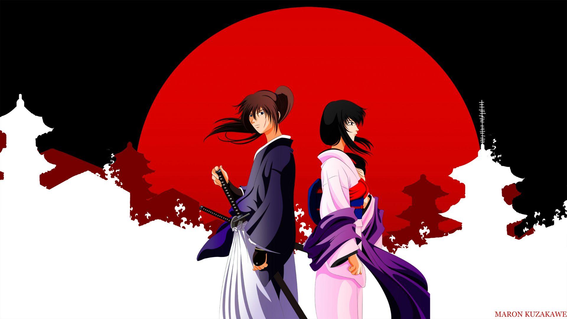 Download wallpaper the sun, katana, kimono, two, art, swordsman