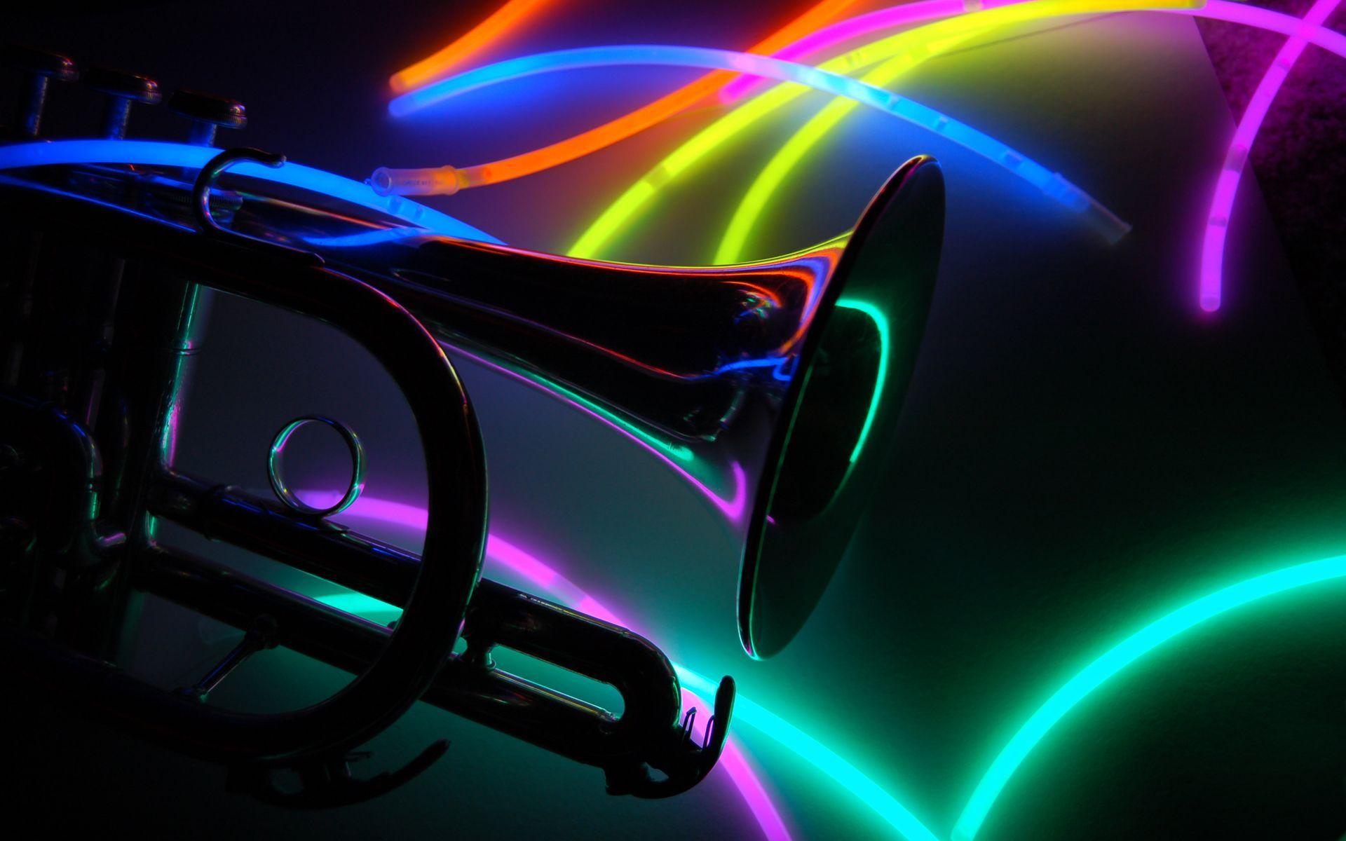 Neon Music Notes Background. Neon Trumpet Artwork Wallpaper