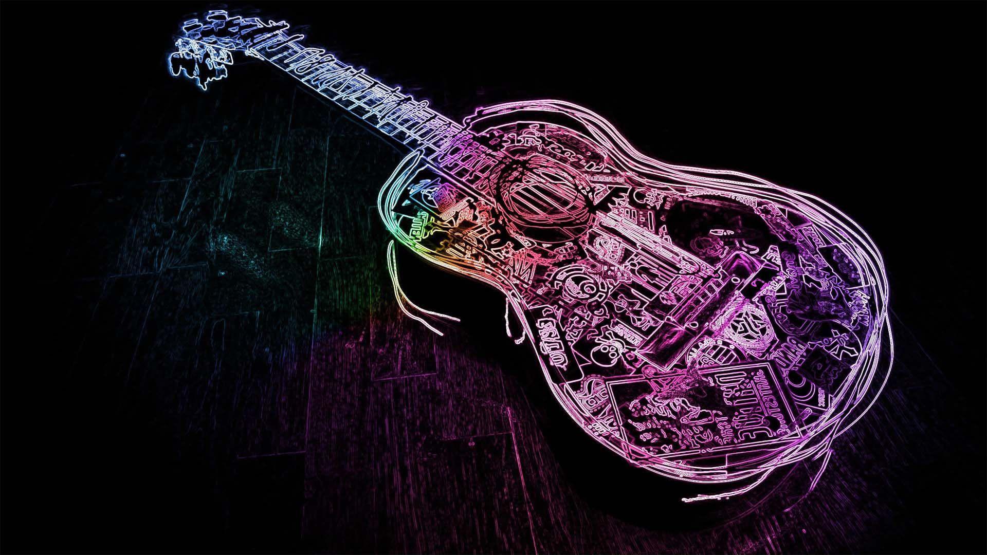 Glowing Neon Guitar Outline. HD Dance and Music Wallpaper
