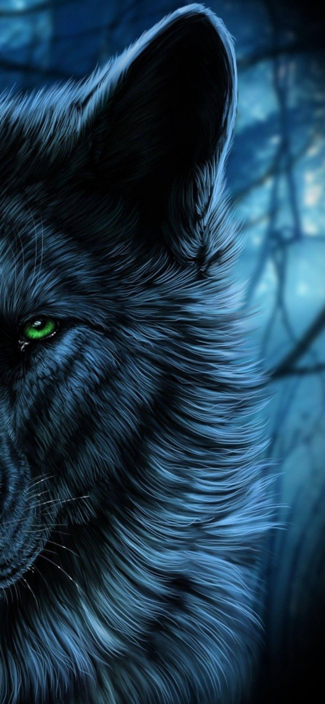 Download 1125x2436 Wolf, Majestic, Green Eyes Wallpaper for iPhone