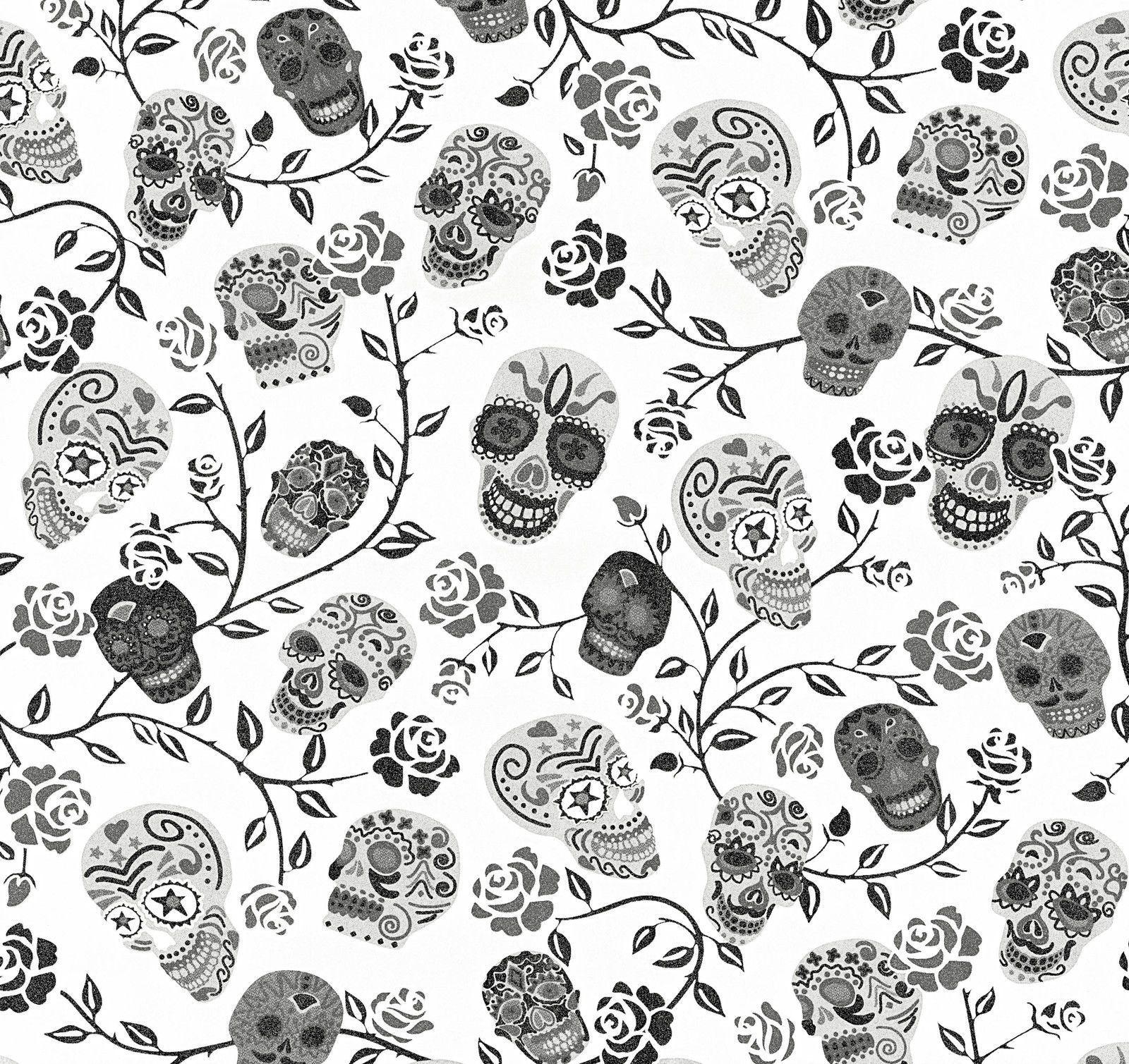 Skulls Wallpaper Floral Flowers Stars Glitter Gothic White Silver