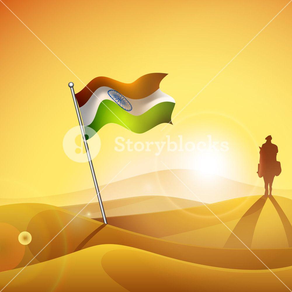 Indian Flag At Desert On Evening Background With Silhouette Of