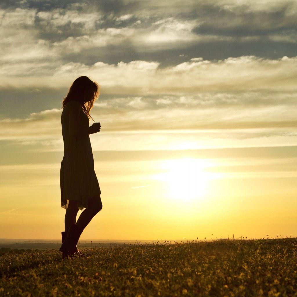 Wallpaper field, girl, the evening, walking alone at sunset image
