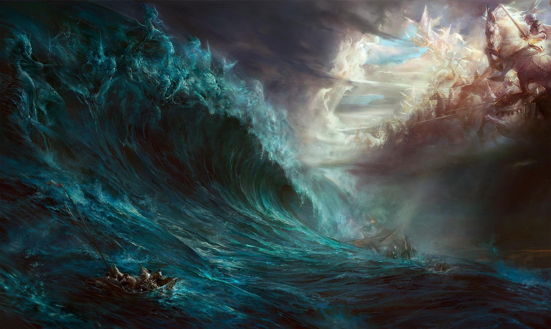 Tsunami under cloud sky painting HD wallpaper