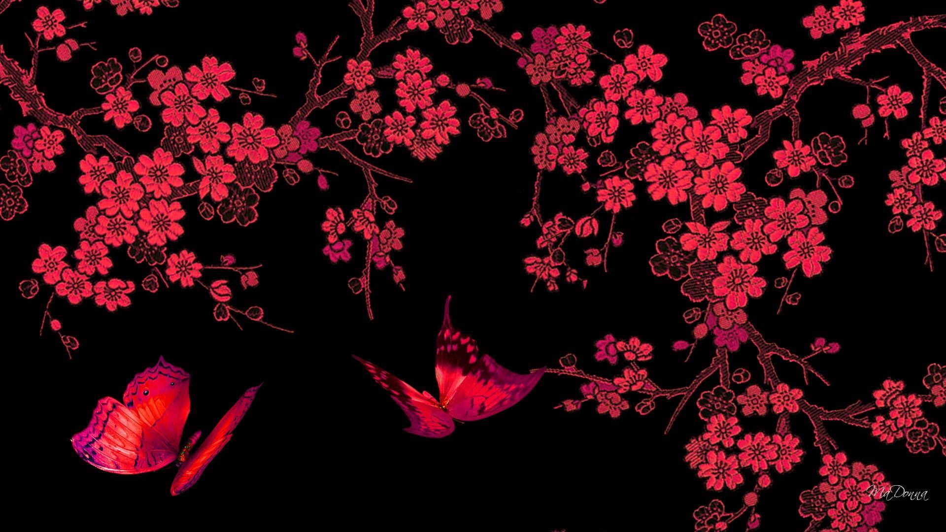 Pink Flowers and Butterflies Full HD Wallpaper