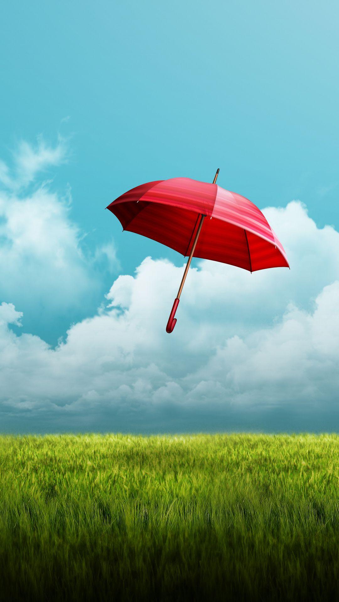 Red Umbrella Flying Mobile HD Wallpaper