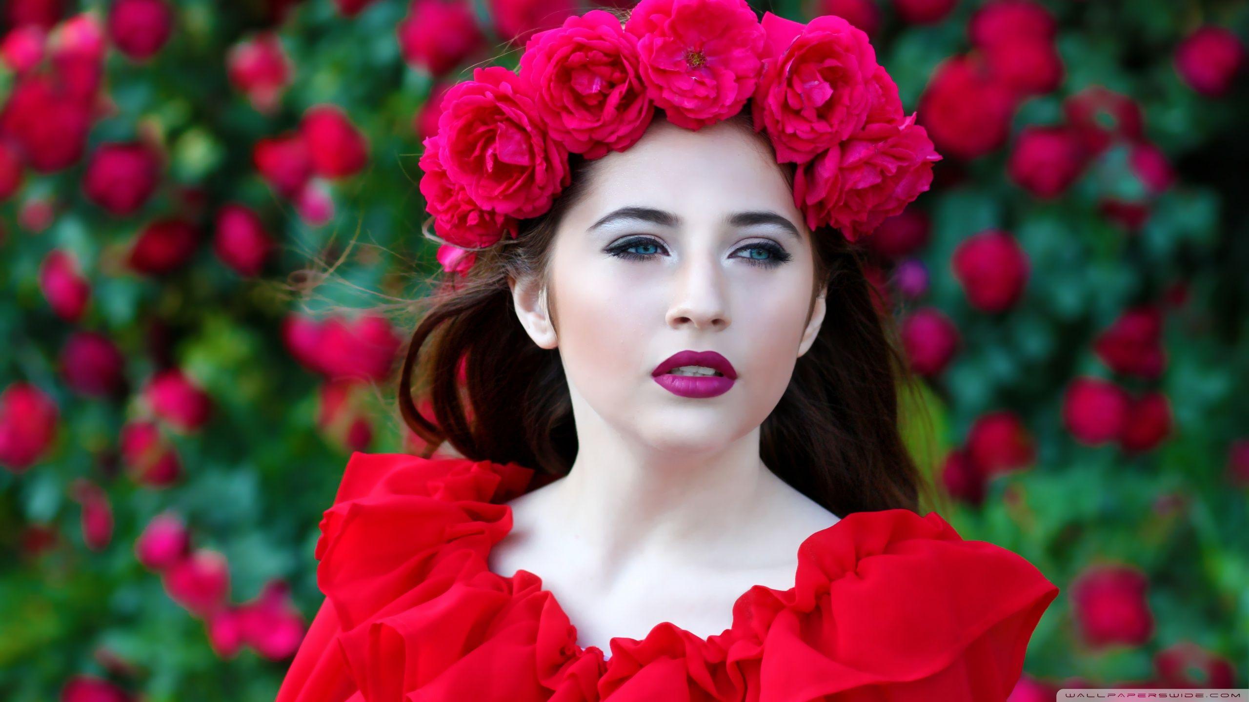 Woman in Red Dress, Red Roses Wreath ❤ 4K HD Desktop Wallpaper