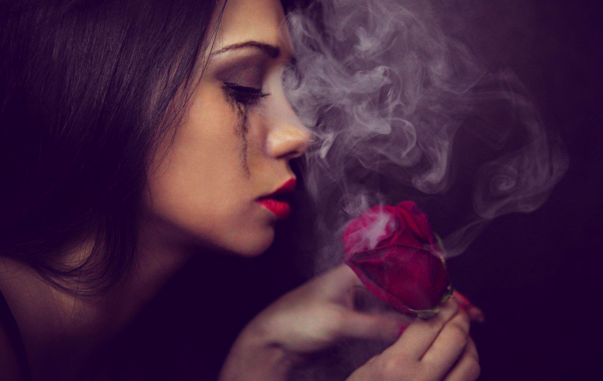 lips, petals, roses, face, Female, tears, rose, woman, beauty, smoke
