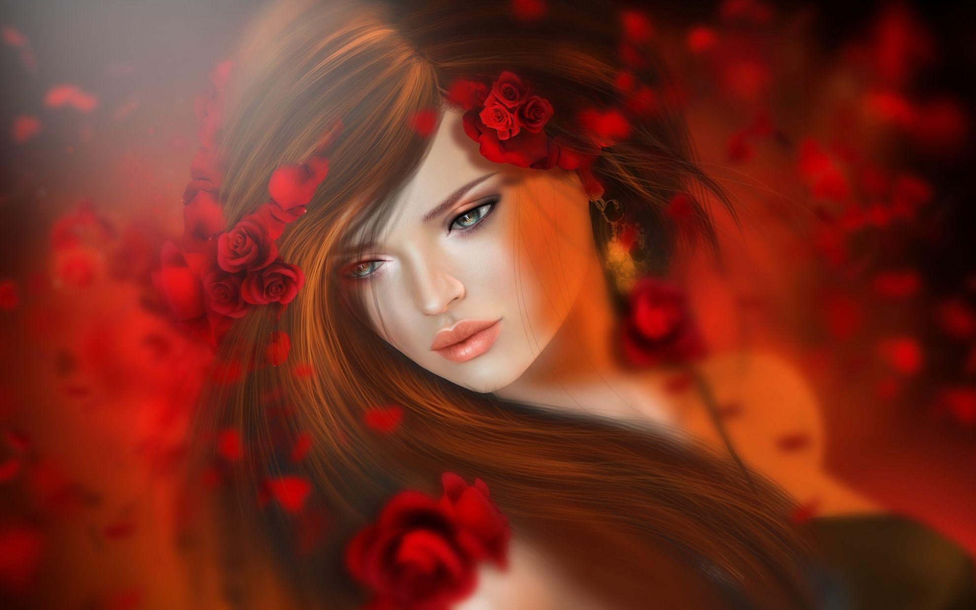 Fantasy Girl with Roses in her Hair Full HD Wallpaper and Background
