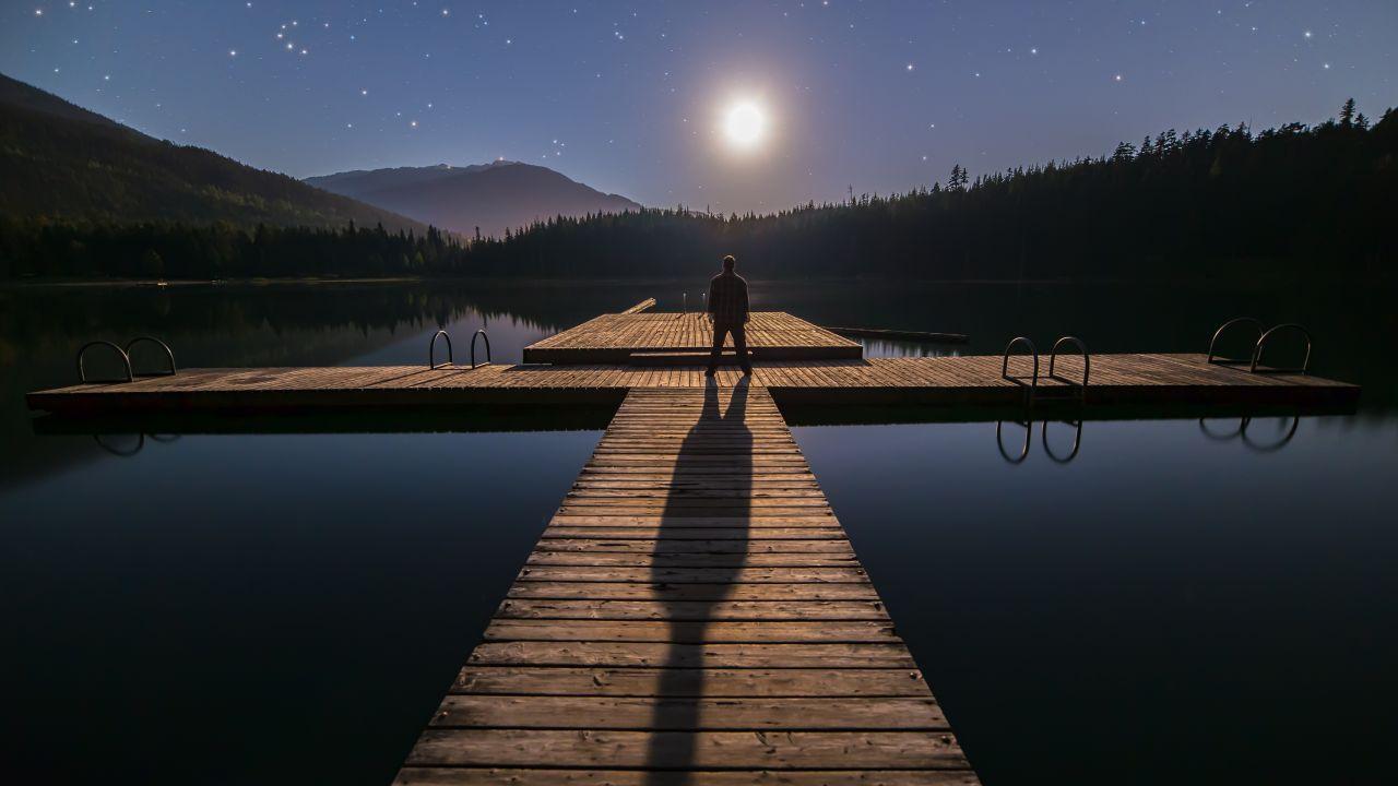 Wallpaper Alone, Stars, Dock, Dusk, Man, Mountains, Forest