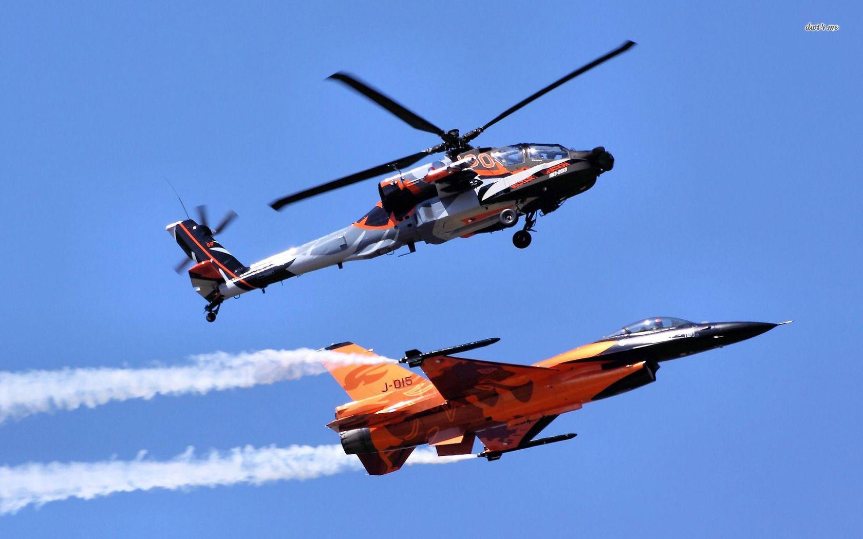 Boeing AH 64 Apache And General Dynamics F 16 Fighting Falco