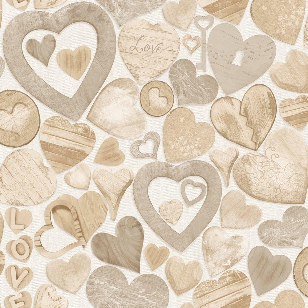 Muriva Wooden Hearts Pattern Wallpaper Wood Effect Love Motif 102570