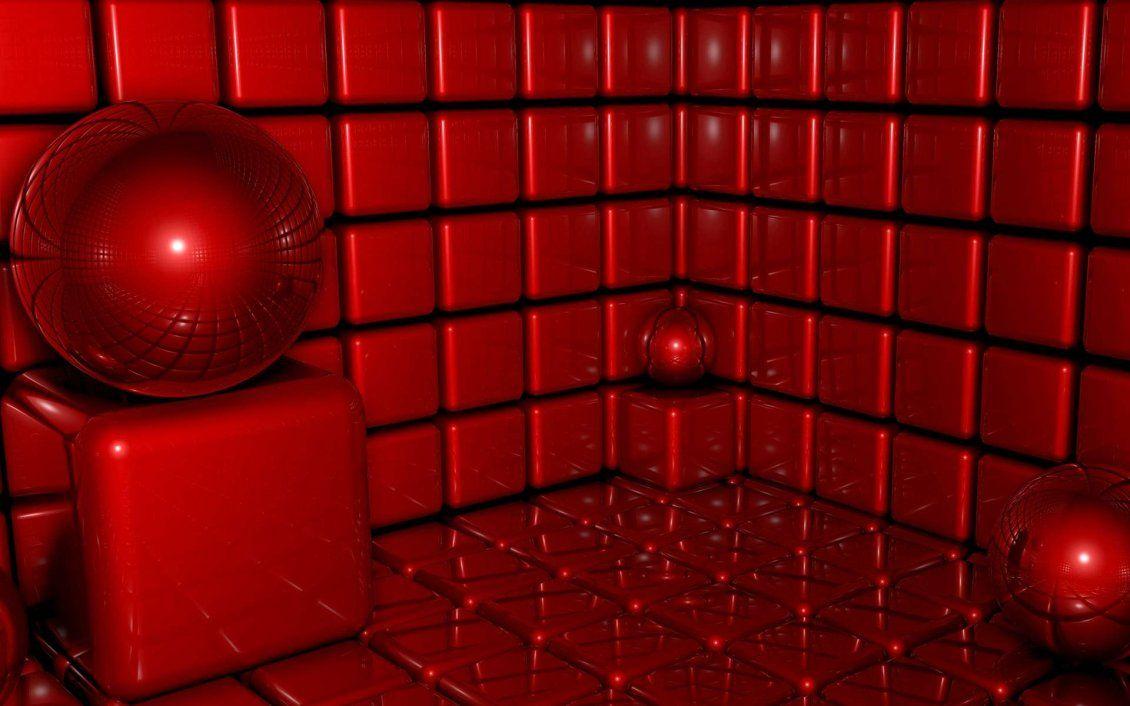 3D red cubes and balls in the room