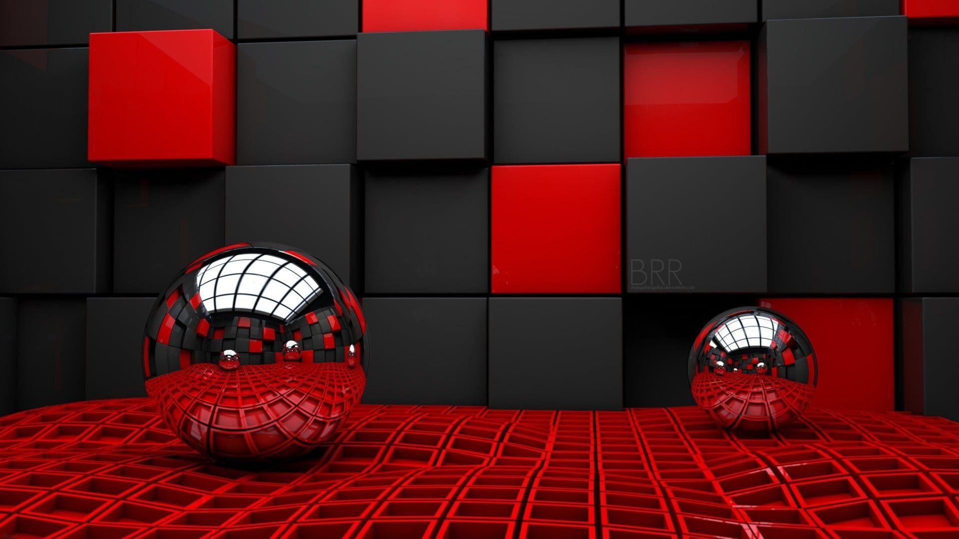 Two grey balls with red cube background wallpaper HD wallpaper