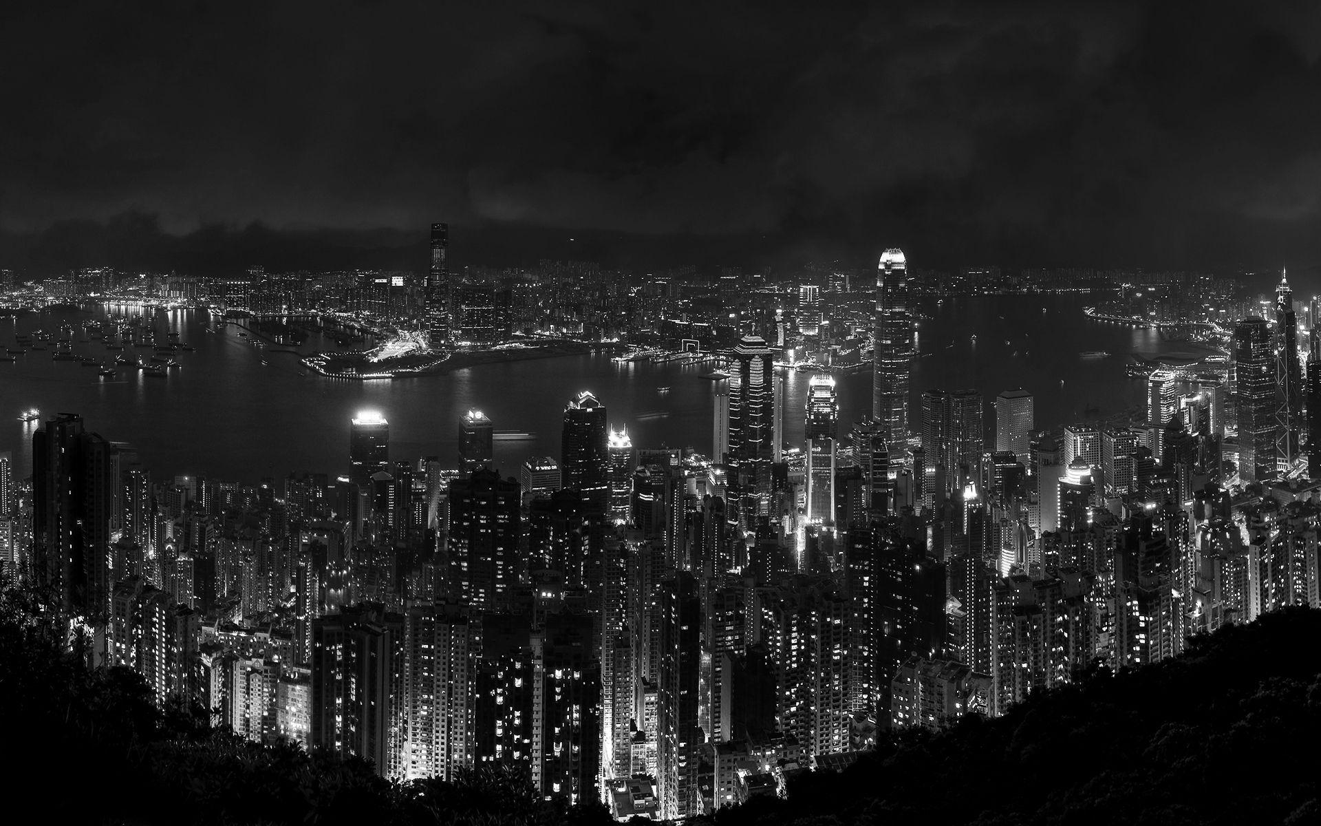 Hong Kong Bay Black And White Night Cityscape Desktop Wallpaper
