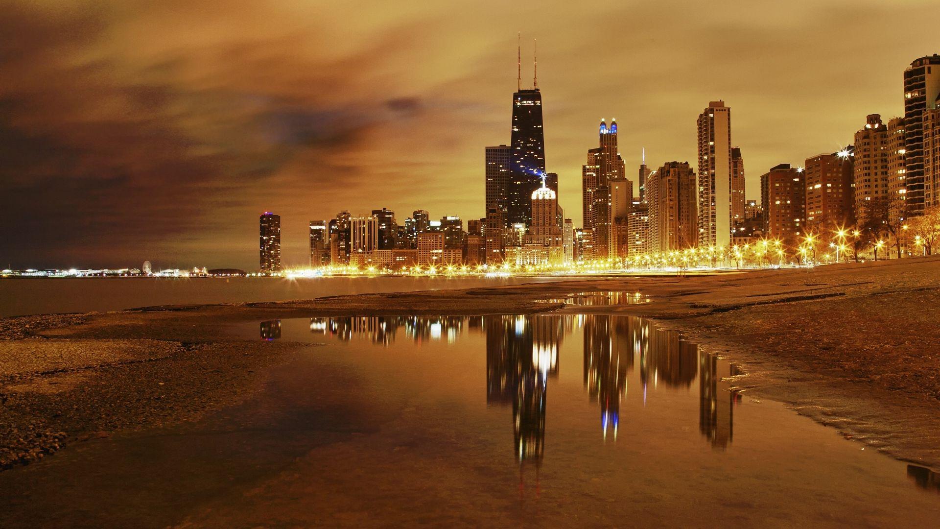 Download Wallpaper 1920x1080 city, ??chicago, night, lights, lake