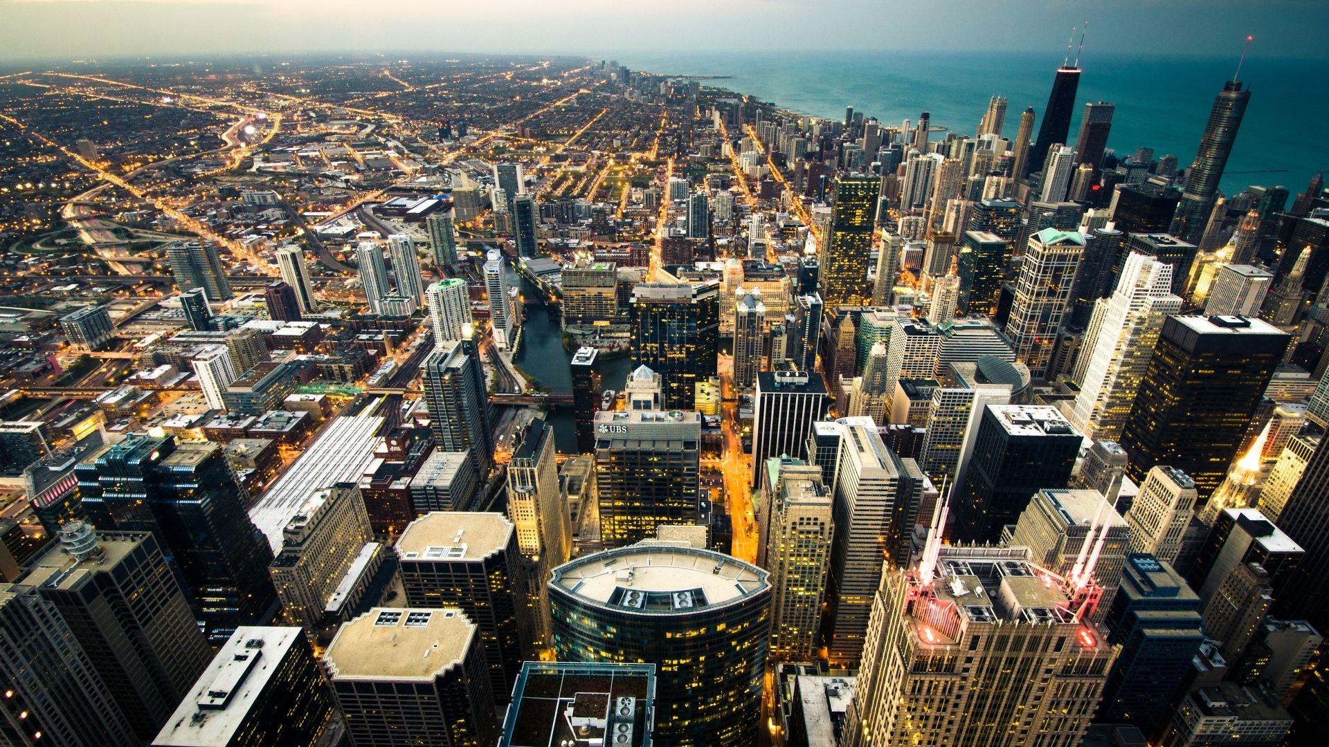 Download Wallpaper 1920x1080 chicago, skyline, city lights