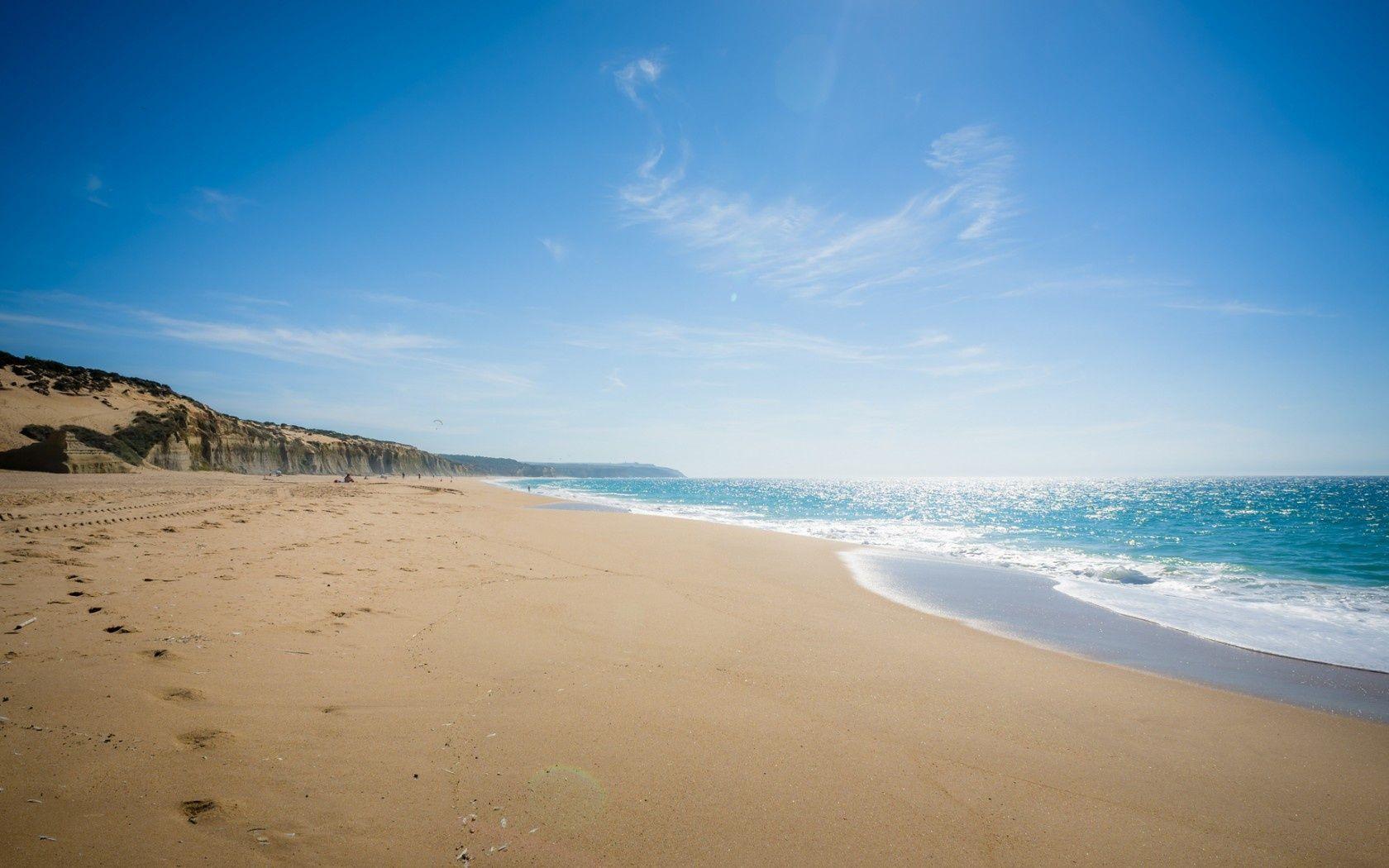 Wallpaper beach, sand, footprints, summer, sea, ocean wave desktop