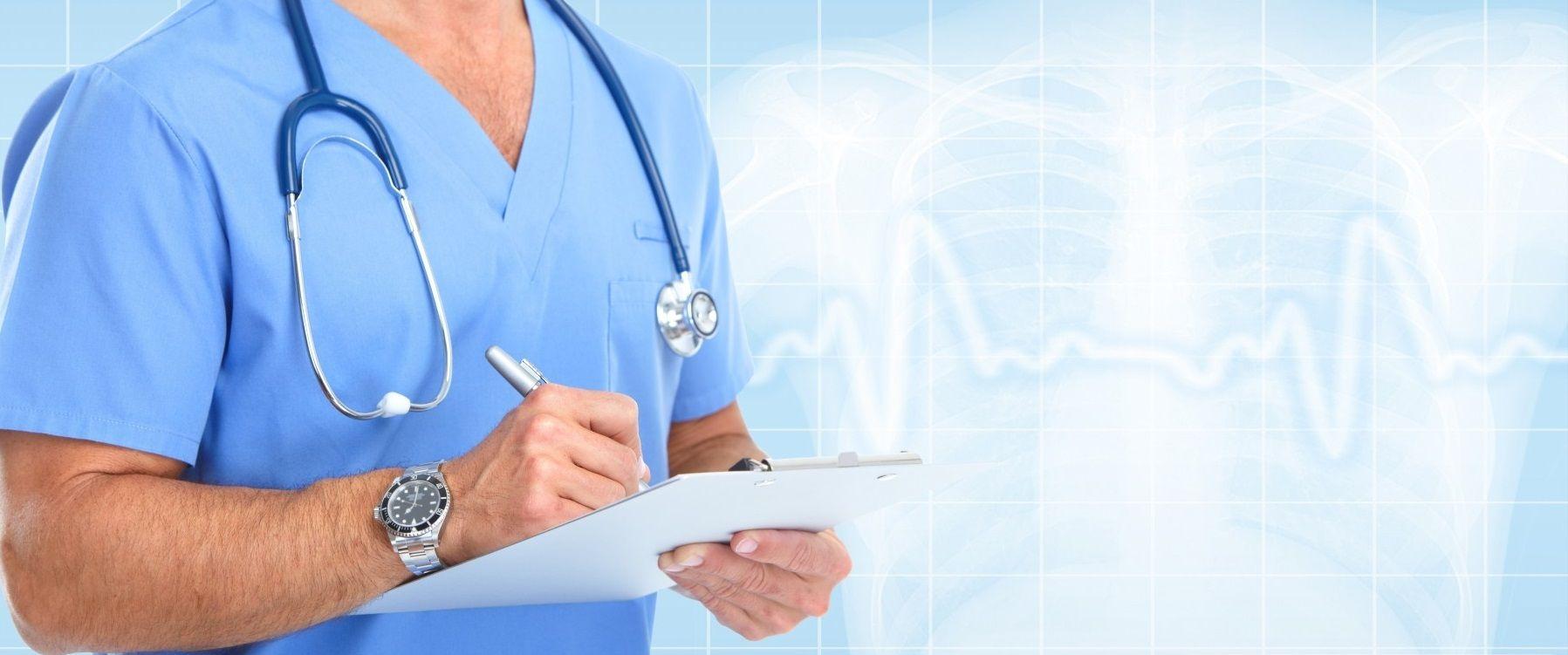 Writing Medical Doctor. Over Blue Cardio Background. Herbalist