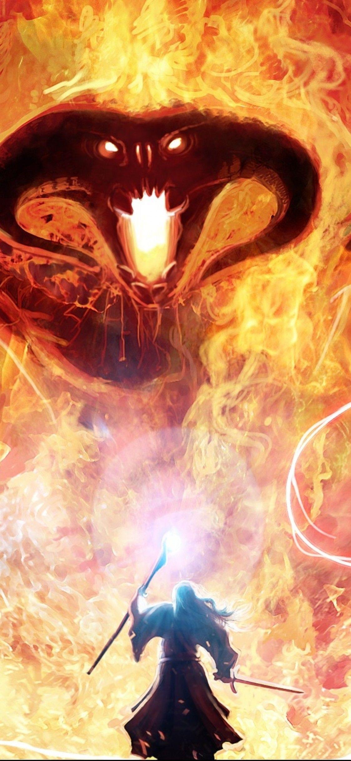 Download 1125x2436 Lord Of The Rings, Balrog, Gandalf, Fire, Tolkien