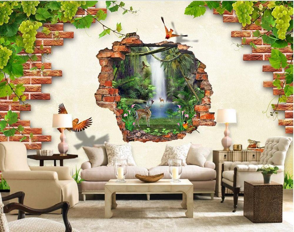 Stereoscopic 3D wallpaper Birds brick wall 3D wallpaper TV