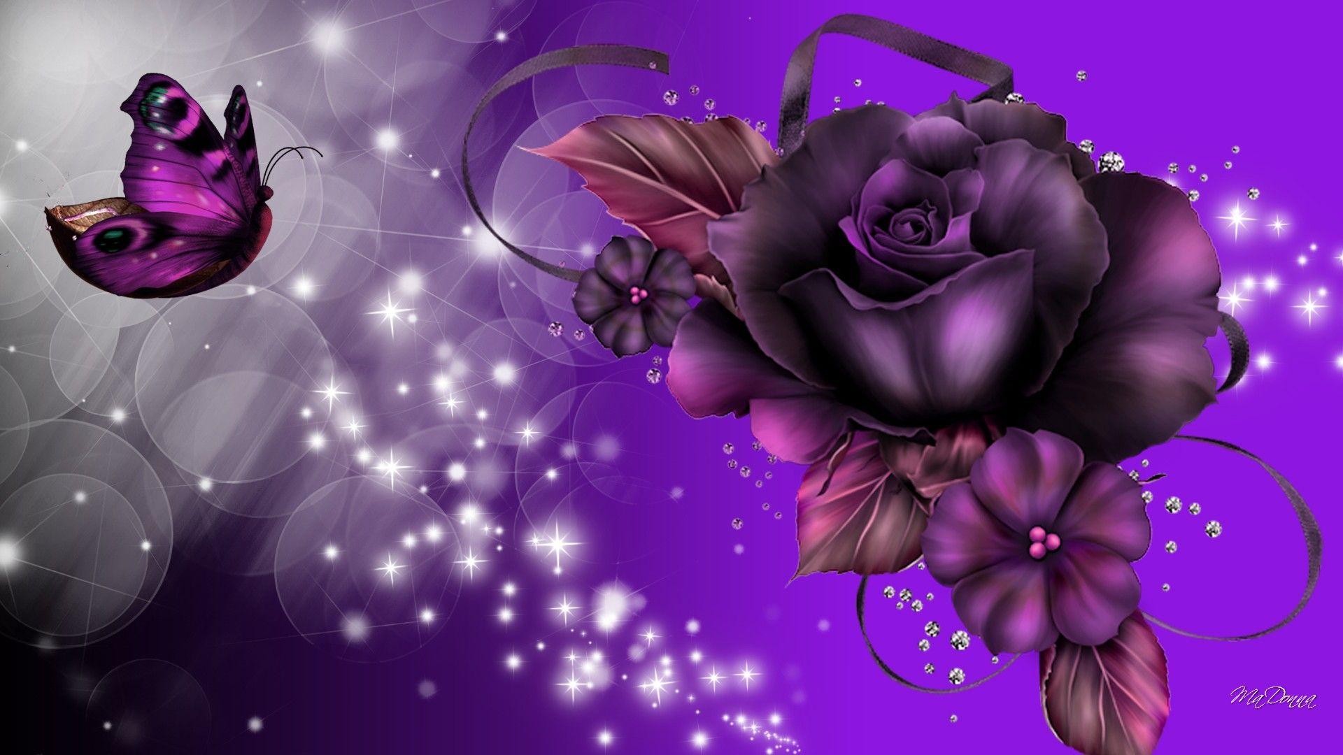 Purple Rose and Butterfly Full HD Wallpaper