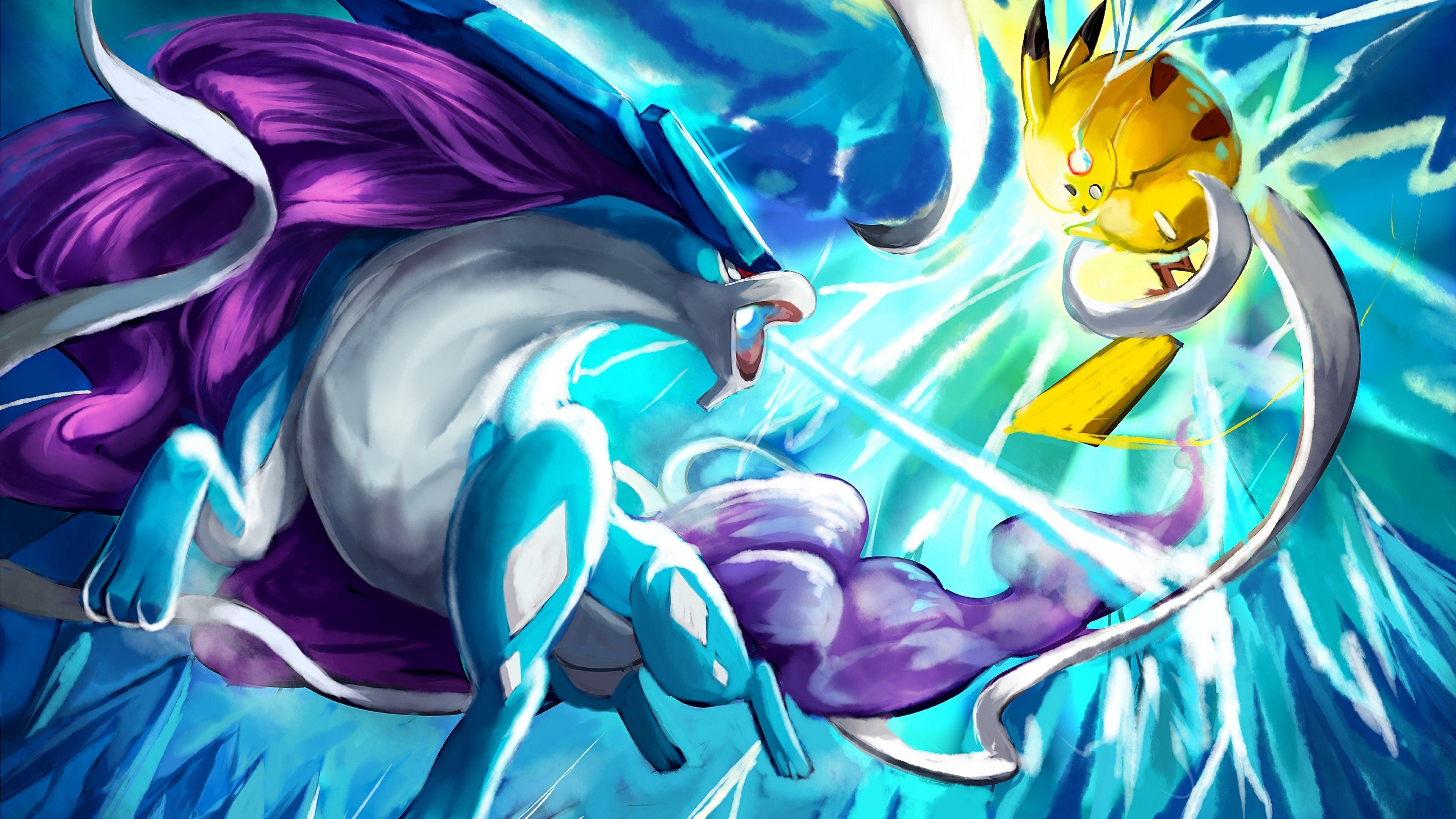 Download 3840x2160 Pokemon, Pikachu, Suicune, Fight Wallpaper