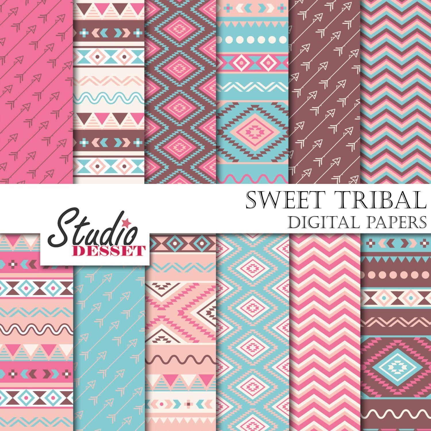 Sweet Tribal Paper, Ethnic Patterns in Baby Blue and Pink, Aztec